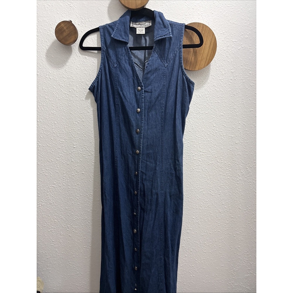 VTG 90s USA Denim Maxi Dress Blue Sleeveless Button Western Rodeo Cowgirl Med